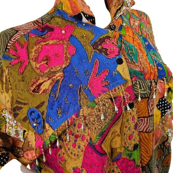 Bali Collection Beaded Womens Shirt OS Oversize Collared Button Up Colorful 80s - Picture 2 of 12